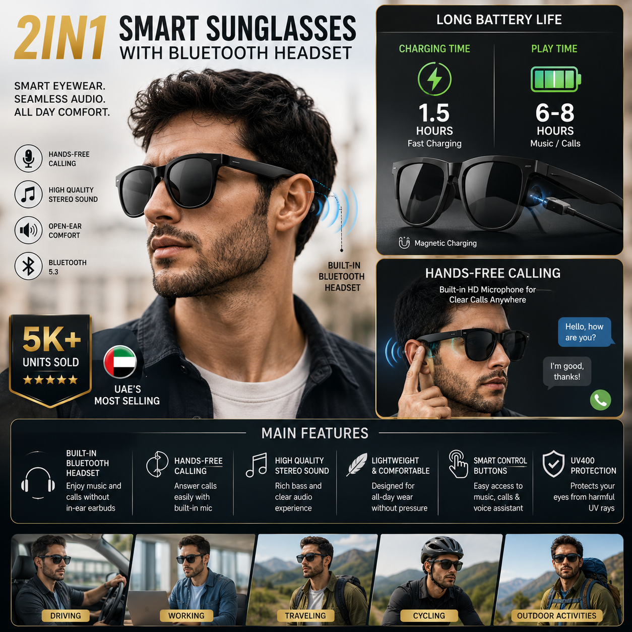 2in1 Smart Sunglasses with Bluetooth Headset