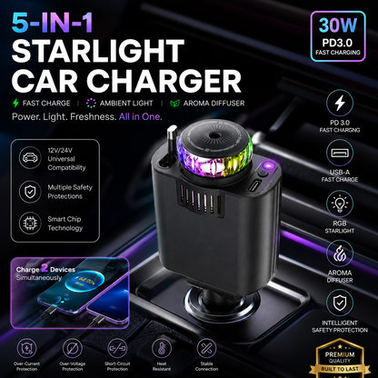 5-in-1 Starlight Car Charger – 30W Fast Charging with RGB Ambient Light & Aroma Diffuser